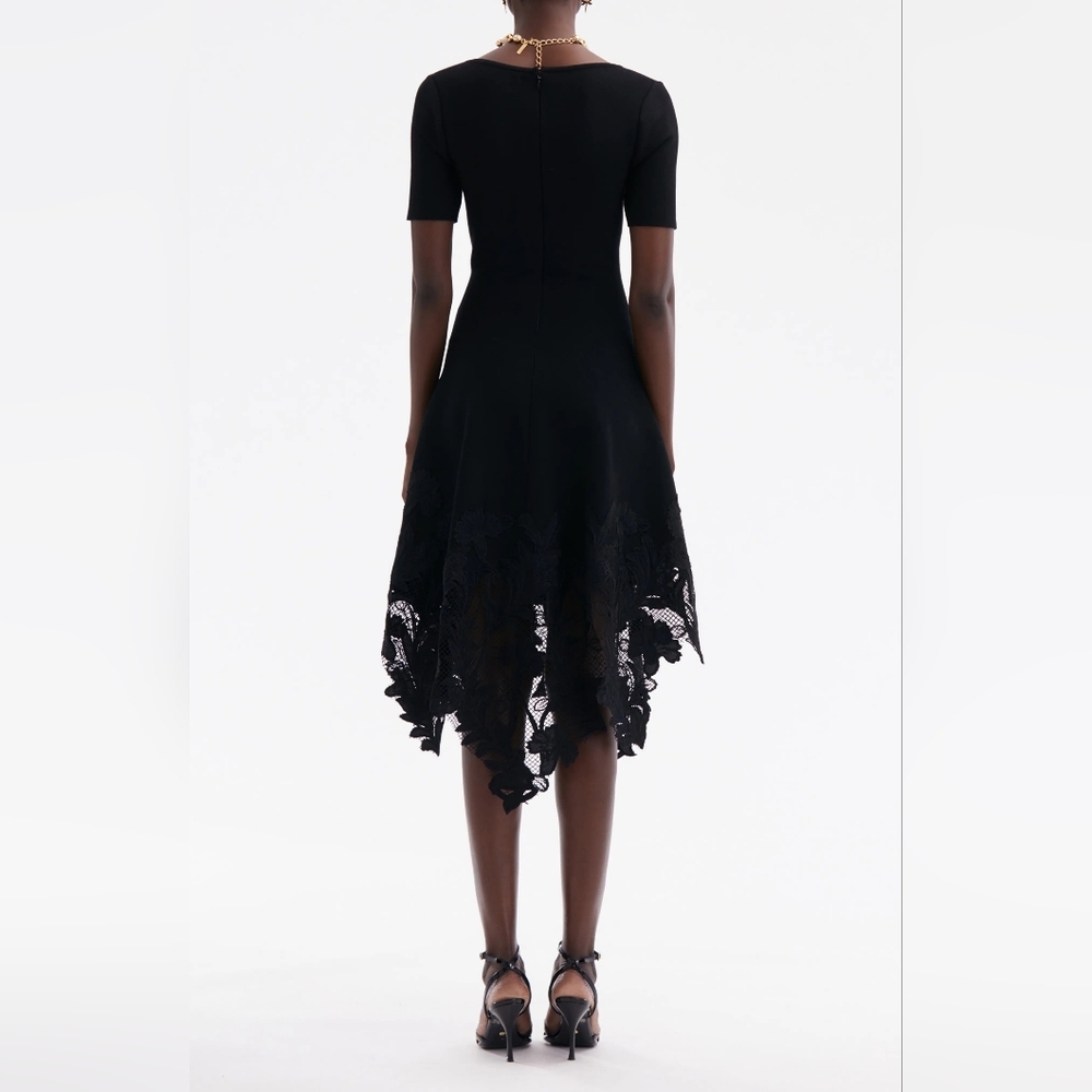 Oscar De La Renta Black Asymmetrical Jewel Neck Floral Guipure Lace‎ Midi-Dress - Picture 8 of 10